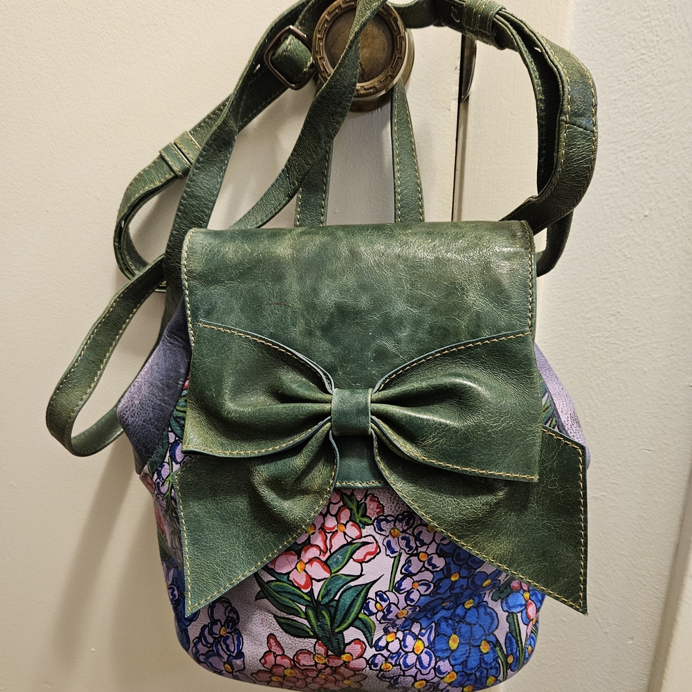 RARE Sharif Green Bow, Hand painted Floral Crossbody Bag OR Turn Into Bagpack